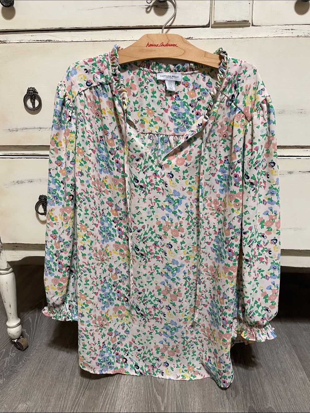 Carolina Belle Cream Pastel Floral Ruffle-Tie Blouse